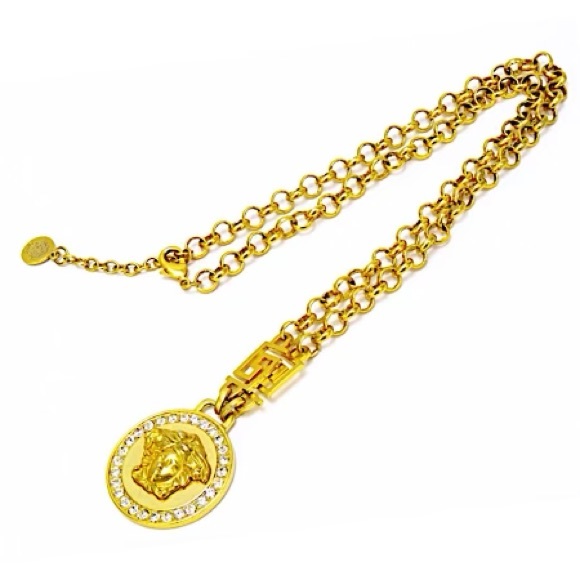 Versace Jewelry - Authentic Vintage Versace Medusa Crystal Medallion Greco Chain Necklace
